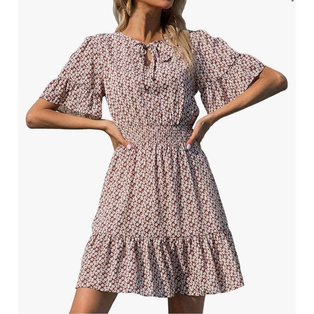 NEW Ruffle Short Sleeve Mini Brown Floral Mini Dress S